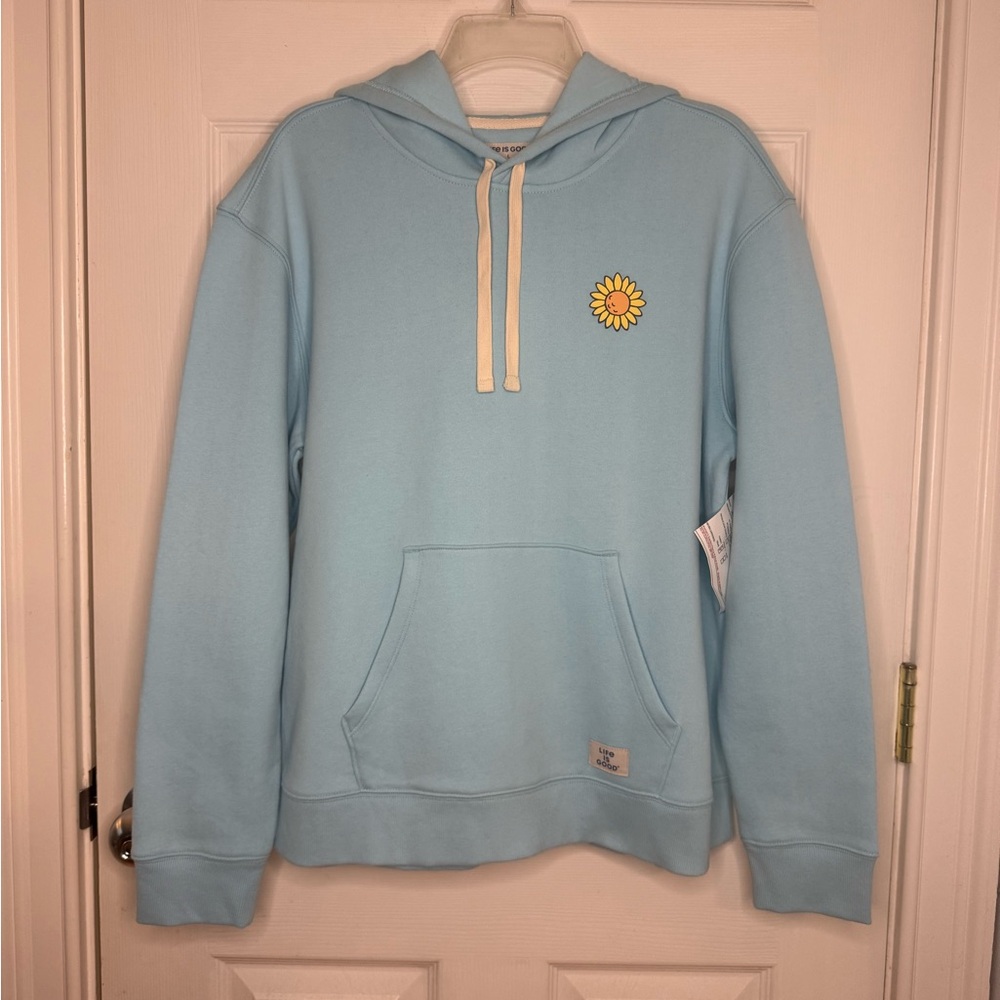 NWOT Life Is Good Fleece Hoodie Pullover Sunflower Light Blue Women’s Large - Picture 3 of 12
